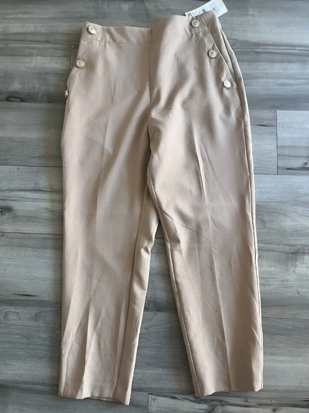 ZARA Tan Gold Button Ankle Pants Large NWT High Rise Straight Leg Quiet Luxury - Picture 3 of 12